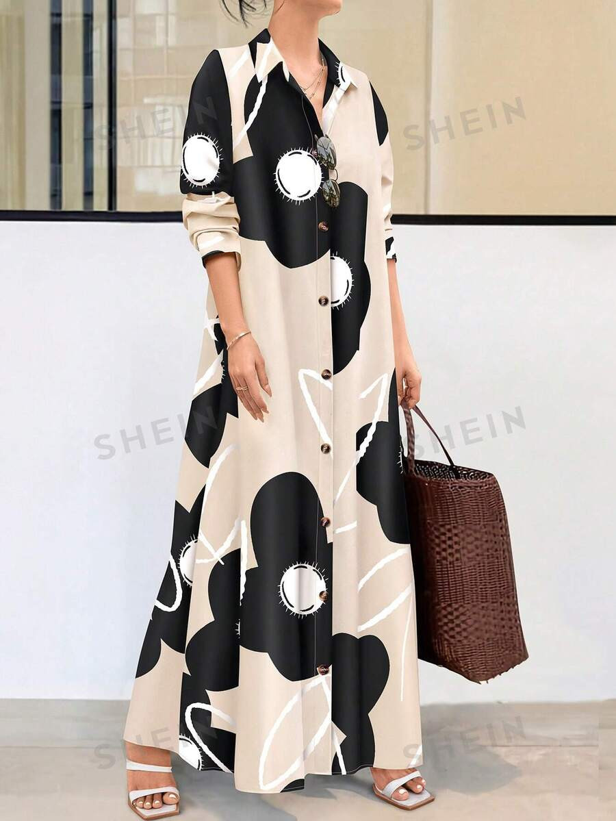 SHEIN Clasi Random Floral Print Women's Loose Casual Long Sleeve Shirt Dress, Spring Summer | SHEIN