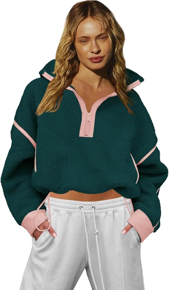 LAMISSCHE Half Zip Sweatshirt Women Oversized Sherpa Jacket V Neck Fleece Pullover Hoodie with Po... | Amazon (US)