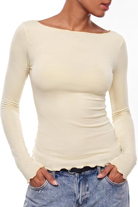 QINSEN Long Sleeve Shirts for Women Boat Neck Slim Fit Going Out Tops | Amazon (US)