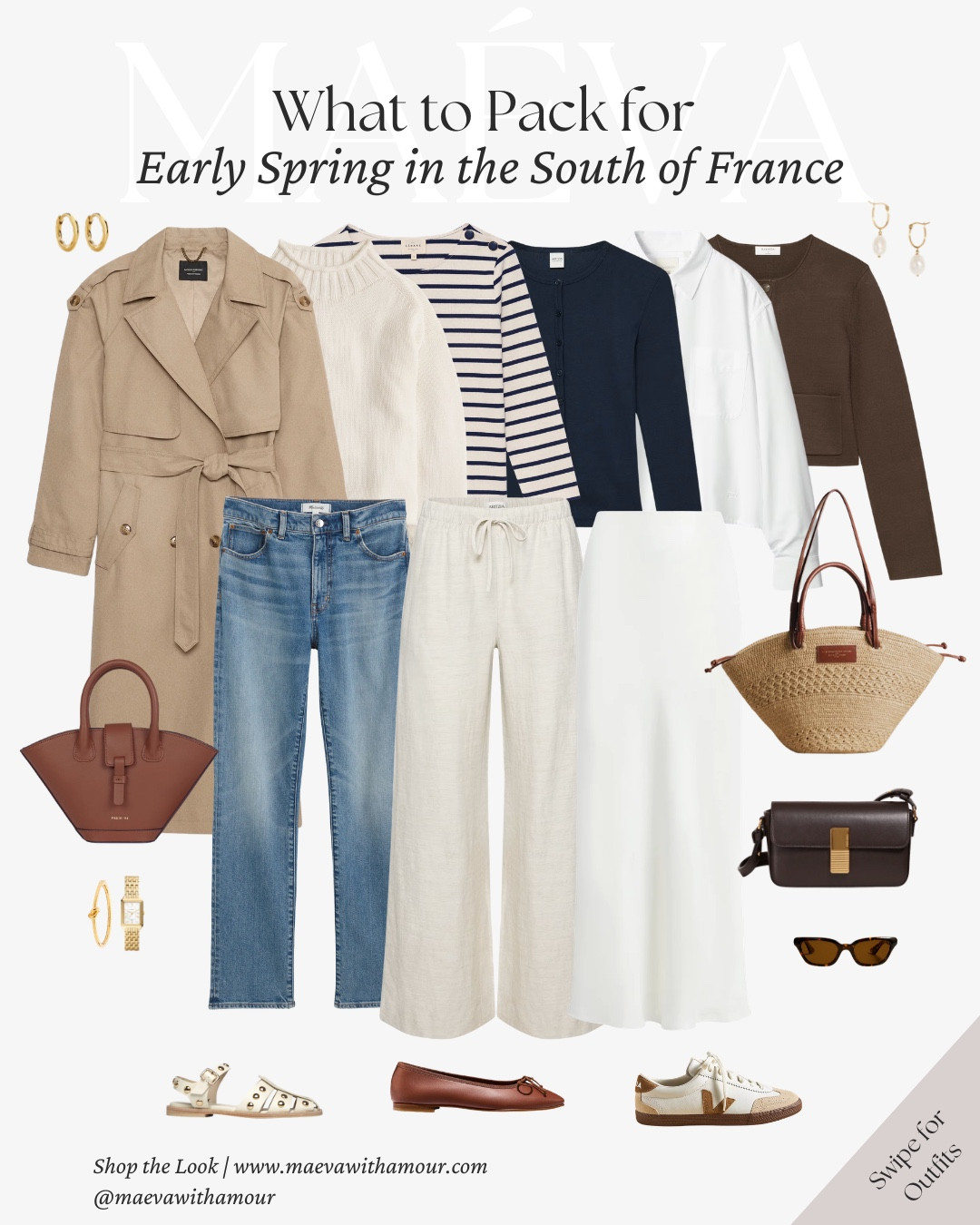 What to Pack for Early Spring in the South of France 🤍 featuring 14 effortless looks

Early spring in the South of France, especially March, April, and early May, can be beautifully unpredictable, cool mornings, sunny afternoons, and the occasional coastal breeze ✨ Dressing for the season is all about thoughtful layers, timeless pieces, and outfits that adapt easily throughout the day!

This capsule is built around versatile staples that mix effortlessly, creating 14 looks from the same core wardrobe pieces 🤎 Inspired by what I typically wear when I go home to visit family in the South of France, these outfits work just as well for early spring travel across Europe or refreshing your wardrobe for the new season!

Packing notes for early spring travel:

-Check the forecast before packing
-Prioritize versatile layers -Build around a cohesive color palette -Choose pieces that mix easily together -Pack comfortable but polished footwear -Think in simple outfit formulas -Leave a little room in your suitcase

🤍 Love this capsule? Comment SHOP to receive the link, or head to the link in bio to explore the full edit and more

✨ I’ve also shared the full packing guide for early spring in the South of France over on maevawithamour.com

👉 Save and follow along for more French-inspired style, thoughtful edits, and wardrobe ideas designed to elevate your everyday

With Amour, M.