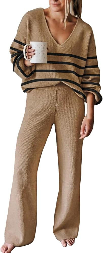 Viottiset Women's 2 Piece Outfits Lounge Set V Neck Stripe Sweater Wide Leg Pants Sets Sweatsuit ... | Amazon (US)