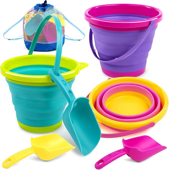 JOYIN Foldable Beach Bucket Set - 3 Packs Collapsible Toy Buckets with Shovels and Mesh Backpack ... | Amazon (US)