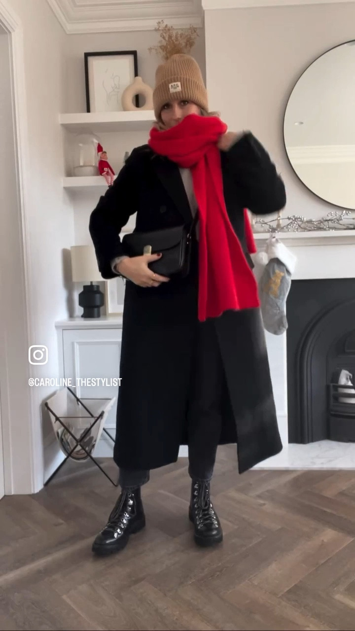 Black wool coat - size 12
Red scarf
Apc beanie 
Sezane jumper - size L
New look jeans - size 12 
Grenson boots 
Sezane bag

Winter outfits 
Winter wonderland
Winter outfit inspo 

#LTKeurope #LTKSeasonal #LTKHoliday