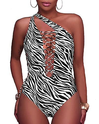Holipick Women Zebra Sexy One Piece Swimsuit One Shoulder Bathing Suit Lace Up Monokini Swimwear S | Amazon (US)