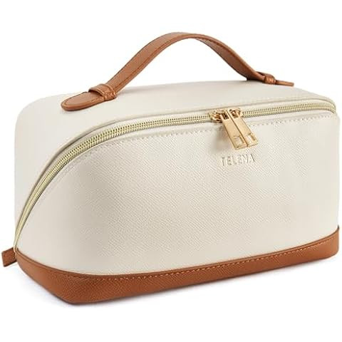 BAGSMART Makeup Bag Cosmetic Bag Wide Open, Beige, M, Wide-open Travel Makeup Bag With Puffy Padd... | Amazon (US)