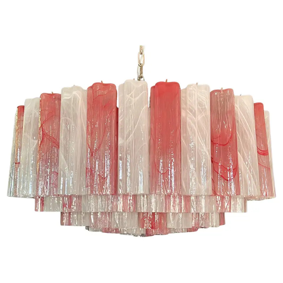 Large Murano glass Chandelier -101 pink and white alabaster glass tube | 1stDibs