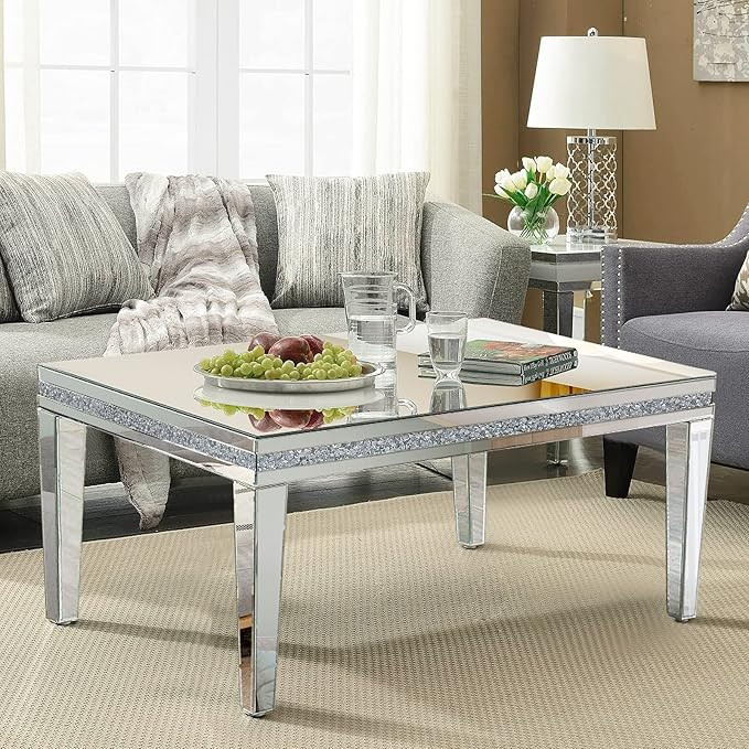 Silver Mirrored Coffee Table, Rectangle Living Room Tables with Crystal Inlay, Gorgeous Modern Mi... | Amazon (US)