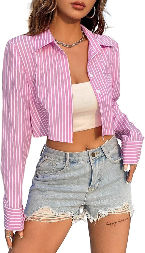 Avanova Women Striped Button Down Crop Top Collared Neck Long Sleeve Blouses Shirt | Amazon (US)