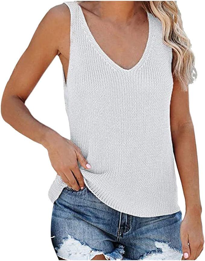 Alisy Womens Summer Tops Sleeveless Knitted Vest V Neck Sweater Loose Cami Tank Tops Blouse Shirt... | Amazon (US)