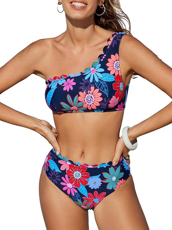 CUPSHE Women's Bikini Sets Two Piece Bathing Suit One Shoulder Mid Rise Scalloped Wide Strap Back... | Amazon (US)