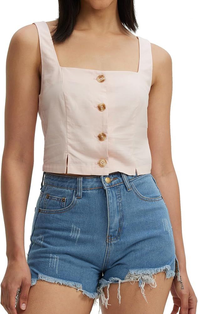 Women's Cotton Linen Square Neck Crop Tank Top Summer Sleeveless Button Vest | Amazon (US)