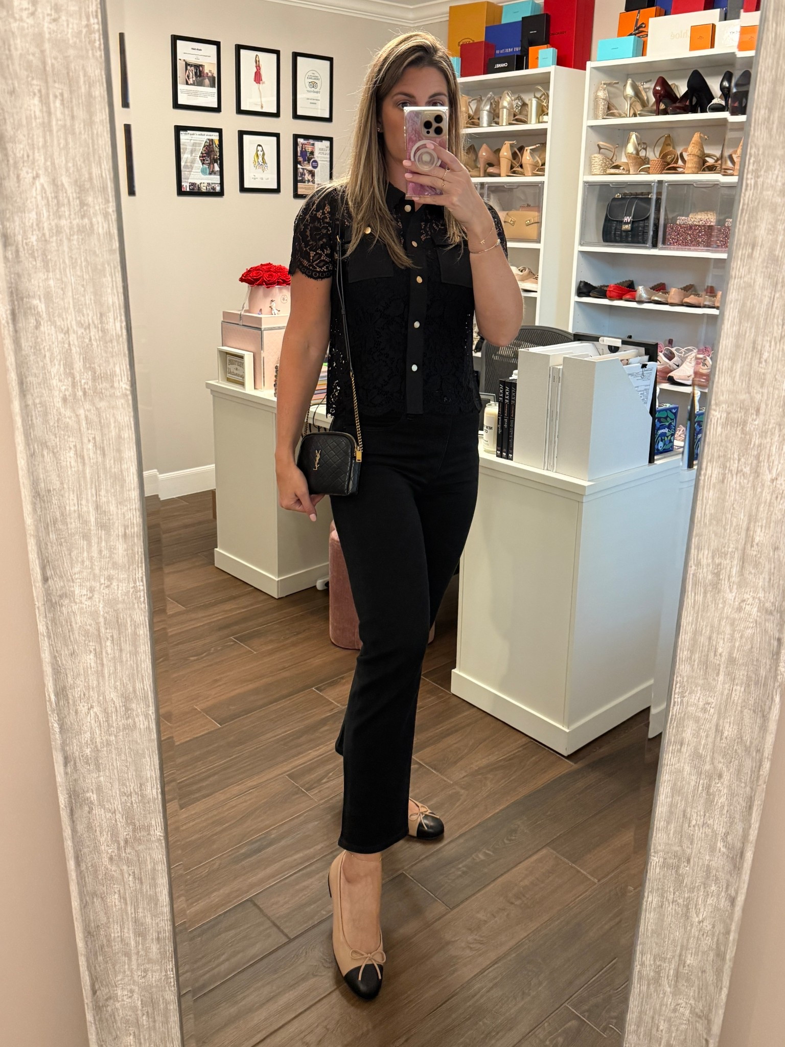 Loving this black lace top for day or night. Layered a black cami under for extra coverage. Both run TTS. Wearing size small. 

Rocking my new favorite straight leg jeans. Great ankle length for my tall ladies! Run TTS. Wearing size 28. 

Debuting new ballet flats. Love the color combo and cushioned insole. Size up. Wearing size 41.

#LTKShoeCrush #LTKTall #LTKOver40