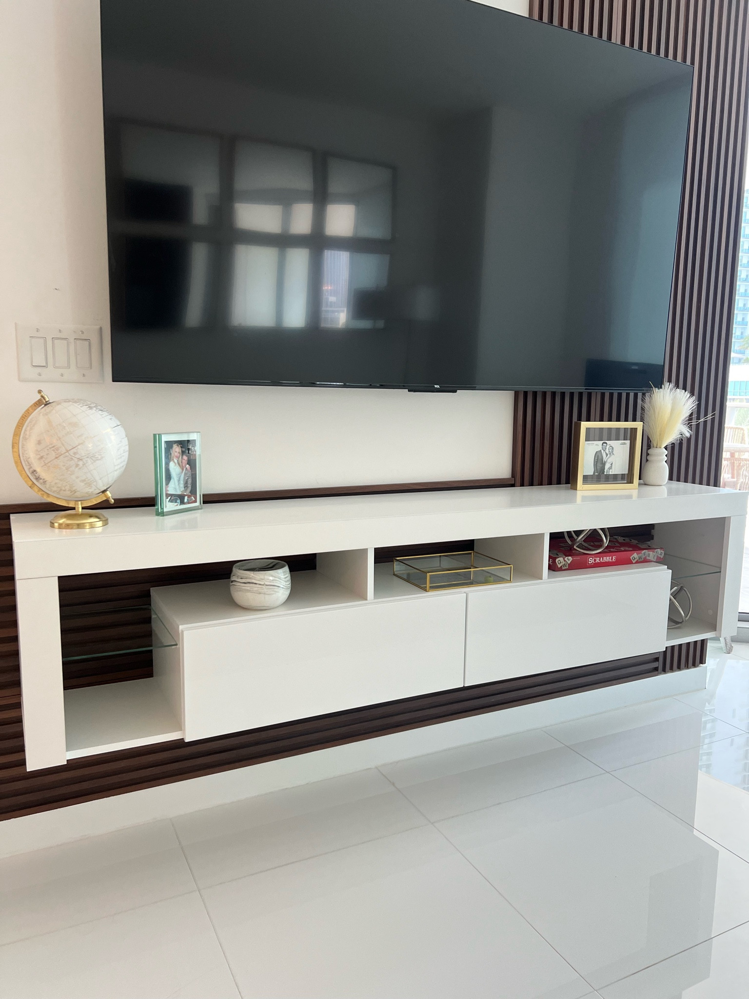 #LTKxWayDay Wayfair sale going on! Modern floating tv console and wood wall panel to add some warmth to an all white room 

#LTKhome #LTKsalealert