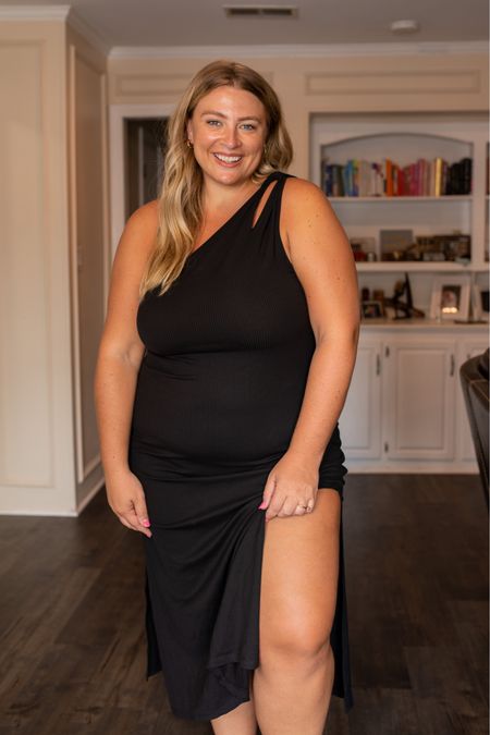 Black one shoulder dress with two slits from Amazon — this casual yet elegant dress is available in XXS-5X. A great plus size casual fall wedding guest dress find! Fits true to size  

#LTKSeasonal #LTKcurves #LTKunder50