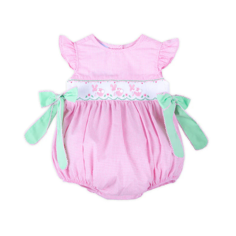 Easter Bunny Smocked Pink Gingham Side Tie Bubble | Classic Whimsy