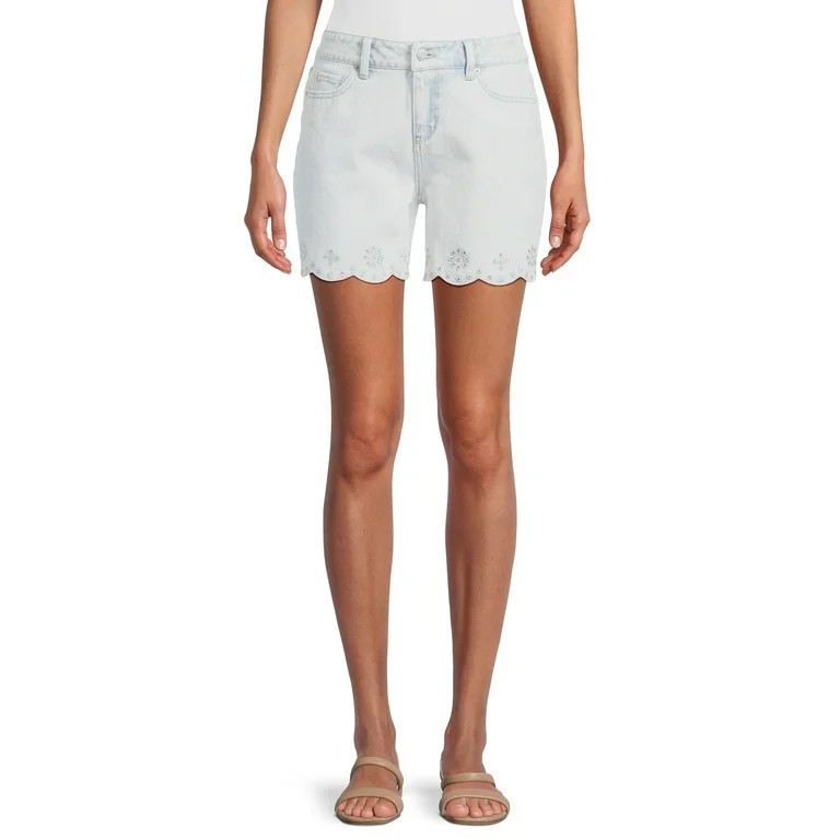 Time and Tru Women's Mid Rise Scallop Eyelet Hem Denim Shorts, 5” Inseam, Sizes 2-20 | Walmart (US)