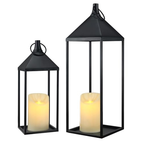 17" 13" Modern Farmhouse Candle Lantern Decor Set of 2 Black Metal Candle Lanterns with Flameless Candles, Lanterns Decorative Indoor for Fireplace Mantle Table Outdoor Lanterns for Patio Porch Garden | Amazon (US)