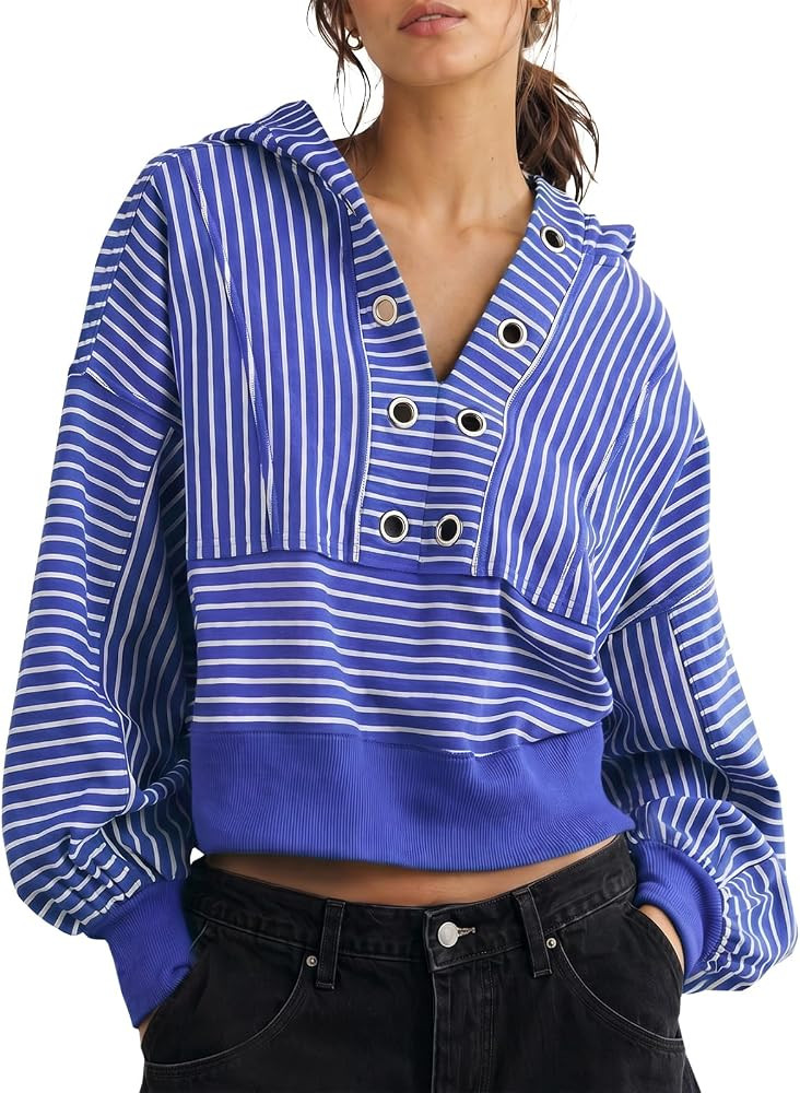 Fisoew Womens Striped Cropped Hoodies Oversized Sweatshirts Pullover Tops | Amazon (US)