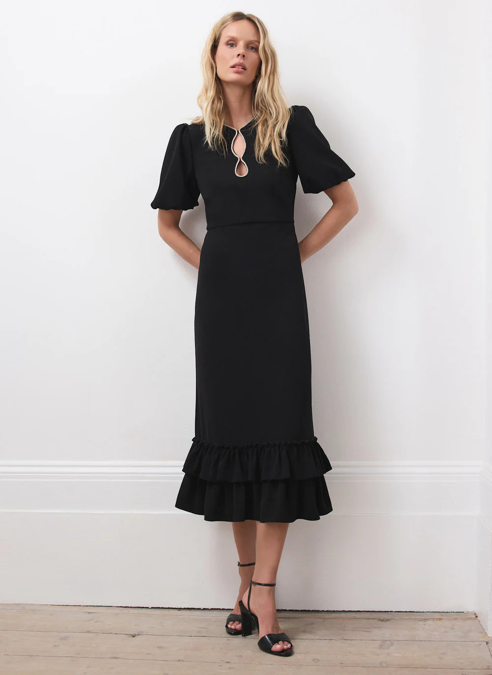 Black Diamante Trim Midi Dress | Mint Velvet