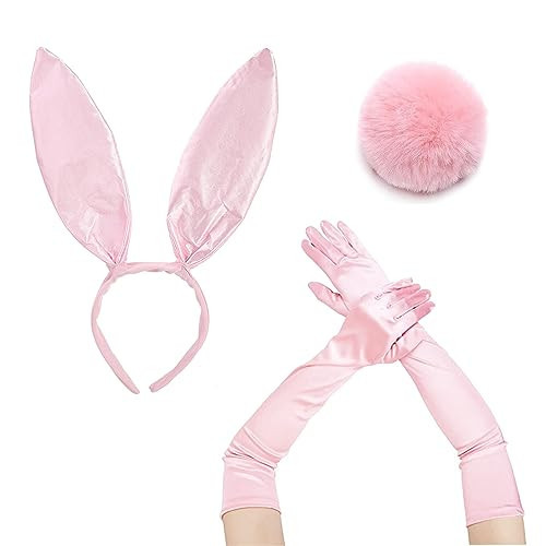 RILACON Pink Bunny Coustume Bunny Ear Headband with Long Satin Gloves&Plush Bunny Tail,Sexy Women Cosplay Coustume Rabbit Ear Hat Headwear for Easter Halloween Prom Party Dress up | Amazon (US)