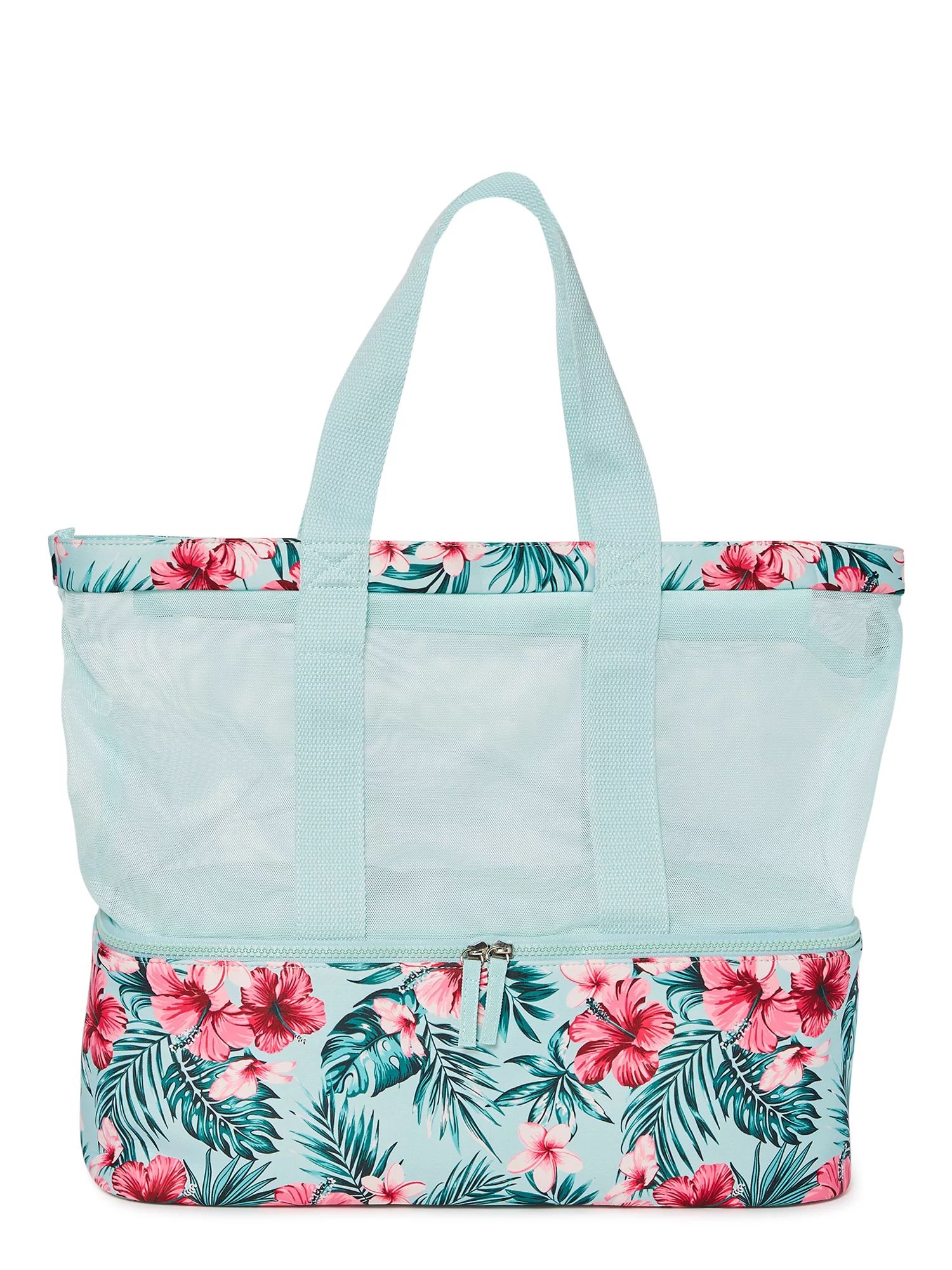 No Boundaries Women’s Beach Tote Bag with Zip Bottom Cooler Mint Tropical Floral - Walmart.com | Walmart (US)