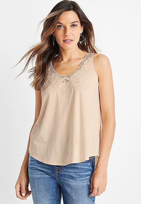 Solid Lace Neck Tank Top | Maurices