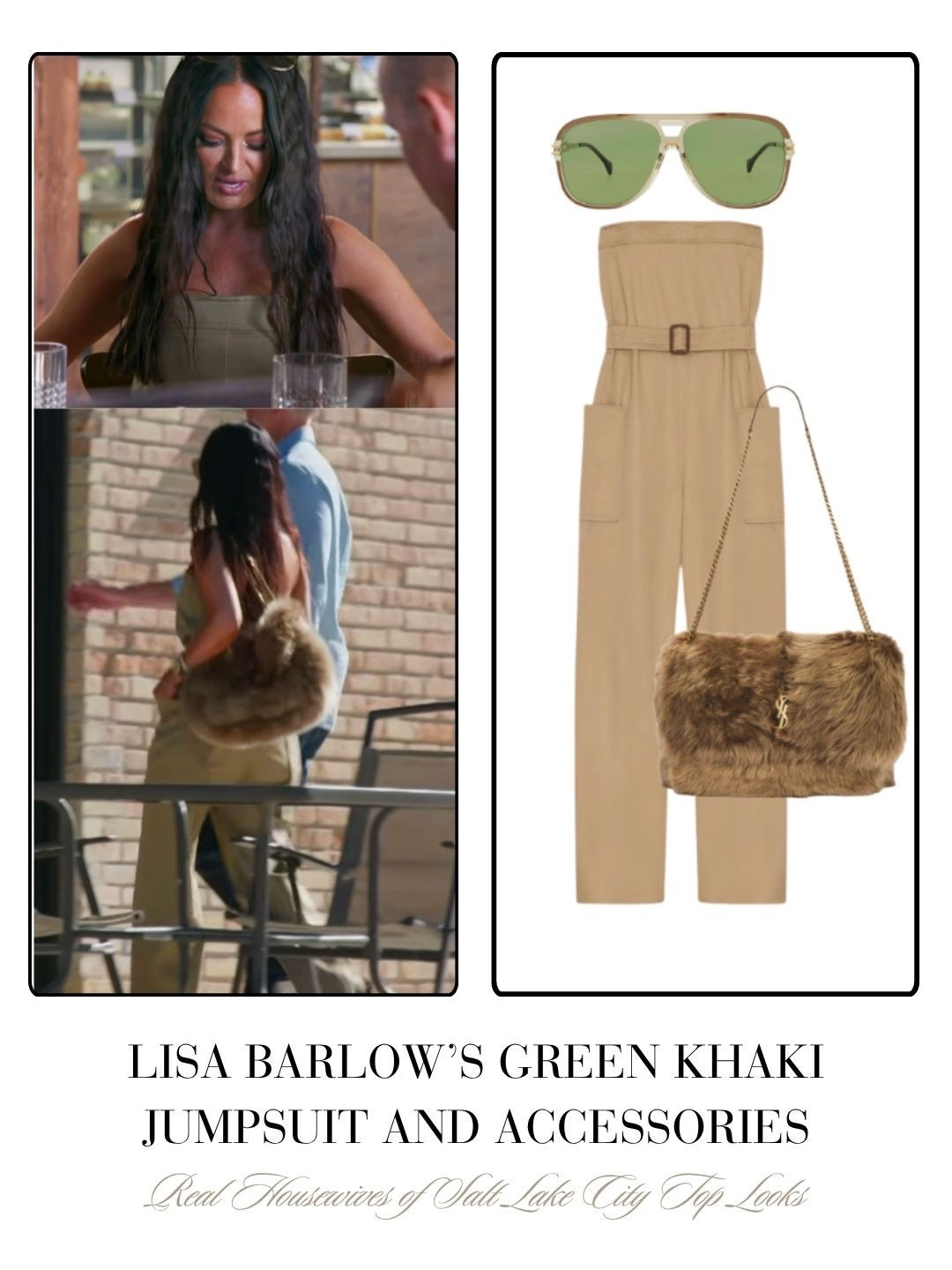 Lisa Barlow’s Khaki Jumpsuit, Fur Bag and Sunglasses Real Housewives of Salt Lake City Season 6 Episode 10