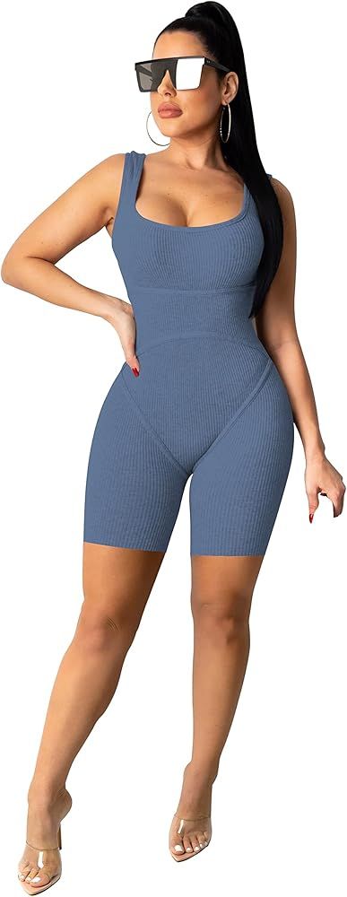 TOPSRANI Womens One Piece Jumpsuits Outfits Bodycon Bodysuit Sexy Rompers Workout Unitard Playsuit B | Amazon (US)