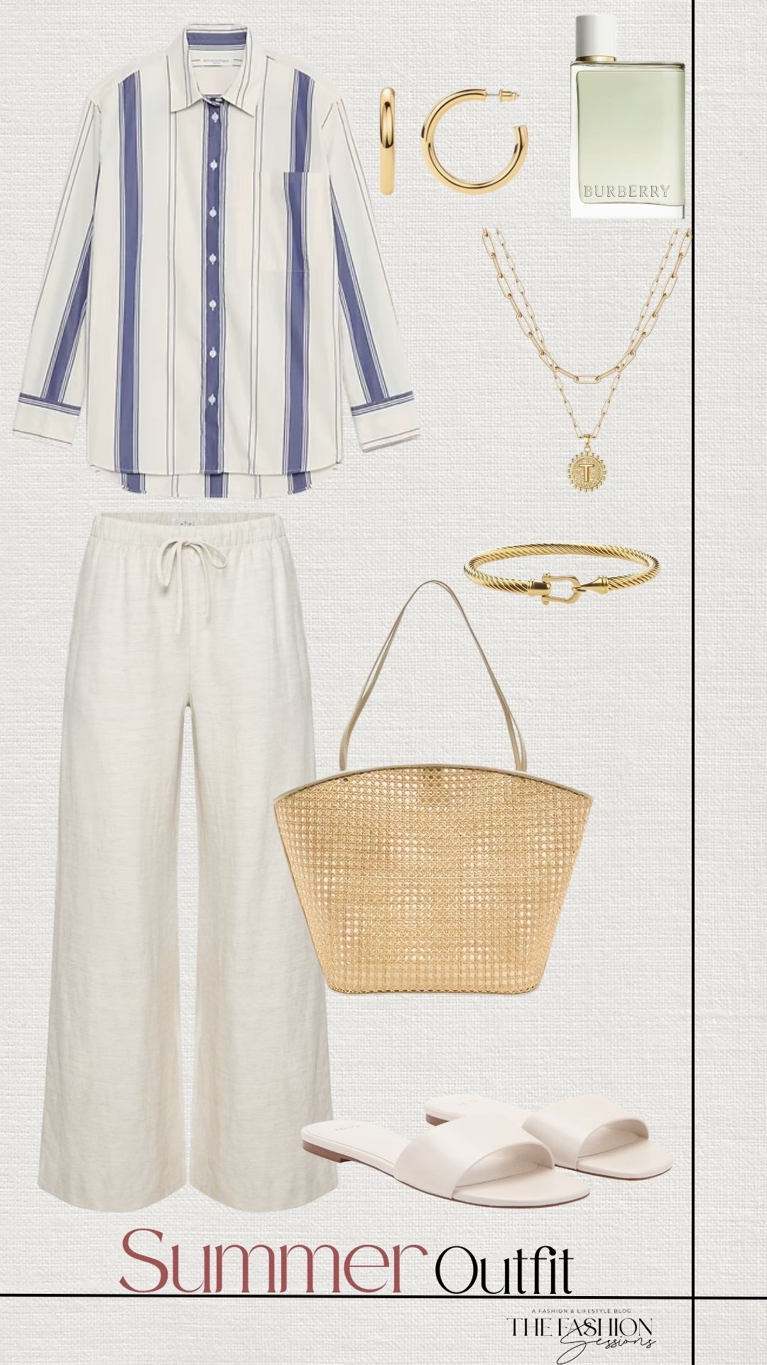 Summer Outfit | Linen Outfit | Linen Striped Top | Linen Pants | White Sandals | Woven Bag |