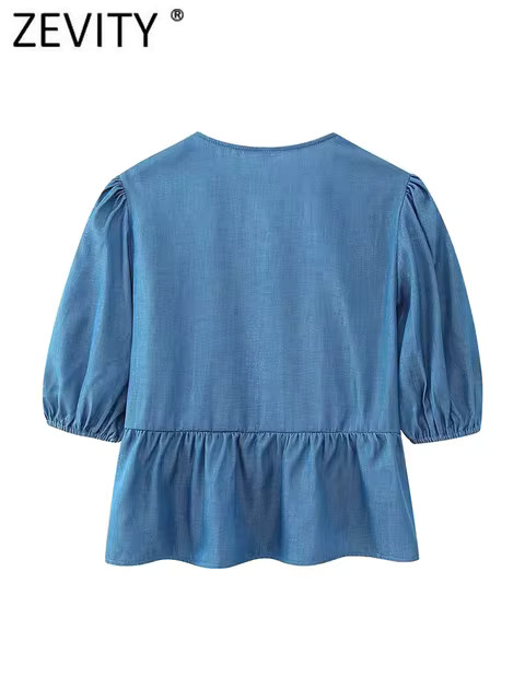 Zevity Women Sweet Bow Tied Imitation Denim Smock Blouse Female Chic Pleats Puff Sleeve Casual Ru... | AliExpress (US)