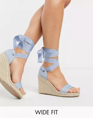 ASOS DESIGN Wide Fit Treat tie leg espadrille wedge sandals in blue | ASOS (Global)