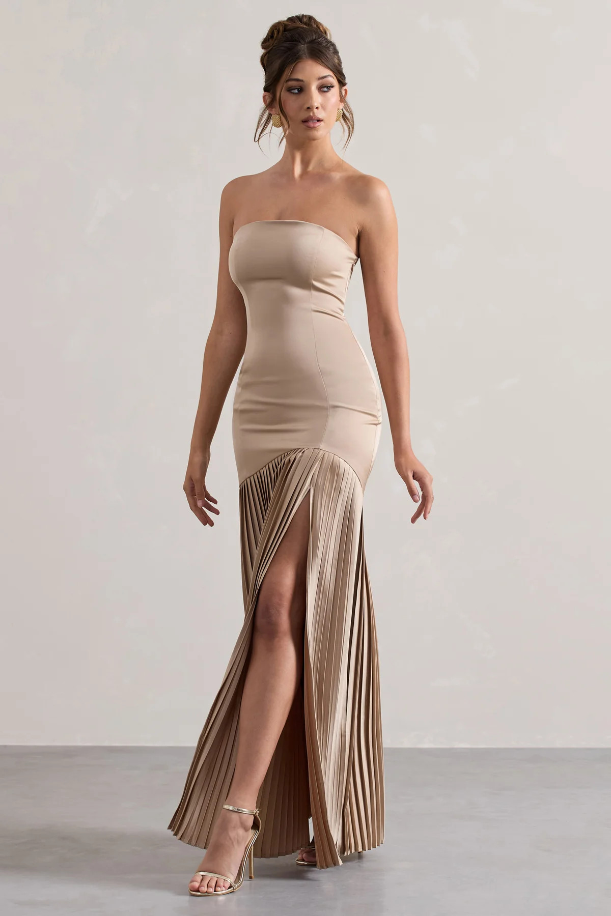 Confidence | Champagne Satin Bandeau Pleated Split Maxi Dress | Club L London