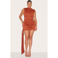 Plus Burnt Orange Slinky Drape Detail Ruched Bodycon Dress | PrettyLittleThing US