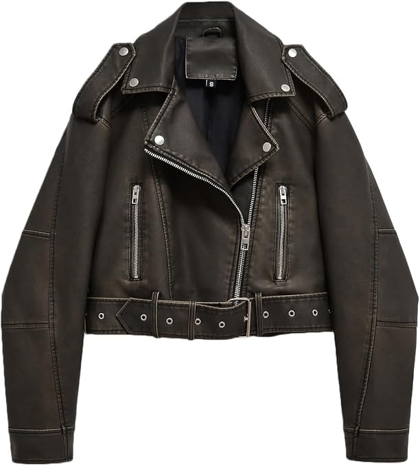 LY VAREY LIN Women Faux Leather Cropped Jacket Lapel Zipper Biker Short Coat with Belt | Amazon (US)
