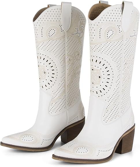 JEDKARAR Cowboy Boots for Women Western Cowgirl Boots with Chunky Heel, White Mid Calf Boots, Poi... | Amazon (US)