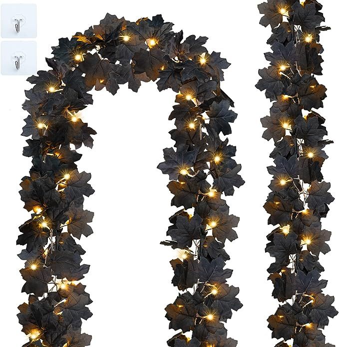 2 Pack Lighted Halloween Black Garland for Home Decorations, Total 20 Ft 60 Led Fall Lights Maple... | Amazon (US)