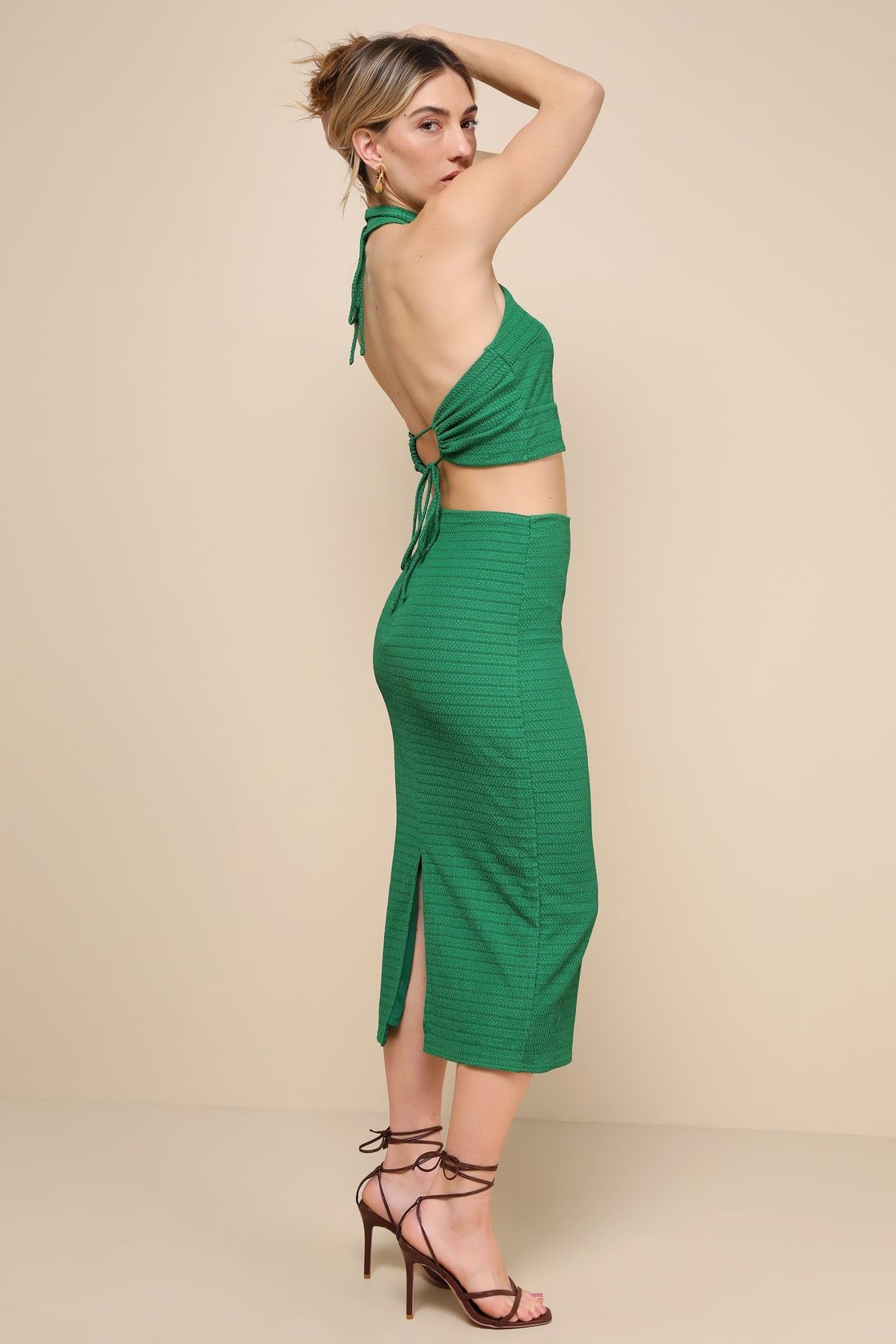 Dream Getaway Green Textured Knit Two-Piece Halter Midi Dress | Lulus
