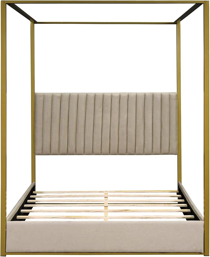 Modern Queen Size Upholstery Canopy Platform Bed with Channel Tufted Headboard, Gold Metal 4-Post... | Amazon (US)