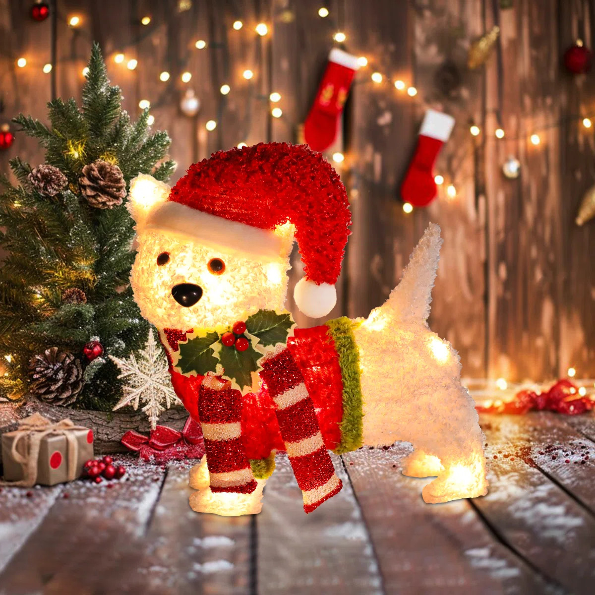 The Holiday Aisle® Christmas Puppy Tinsel Outdoor Lighted Pre-lit Led Light,christmas Hat Puppy,... | Wayfair North America