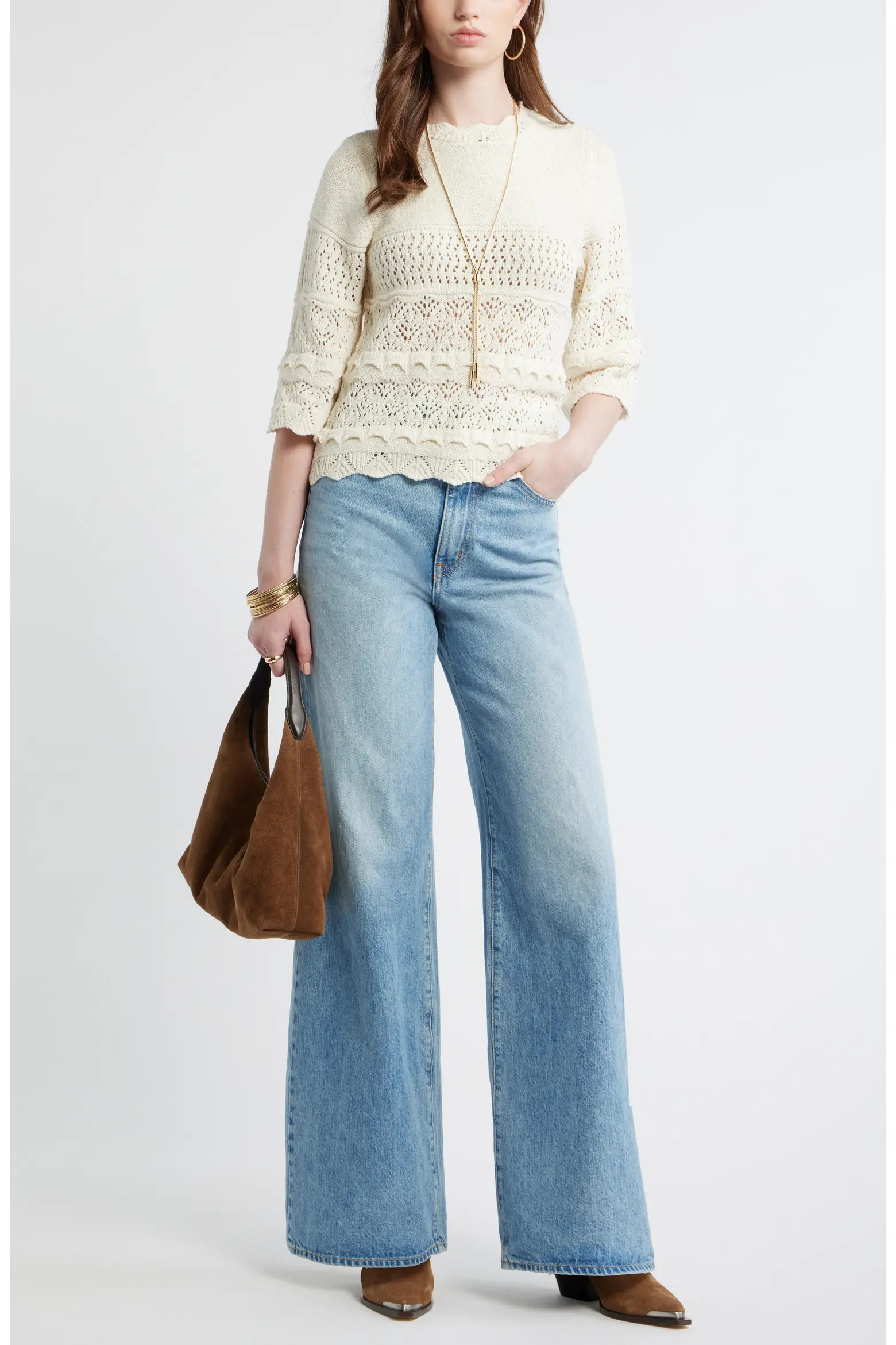 Pointelle Knit Scallop Trim Cotton Sweater (Women) | Nordstrom | Nordstrom
