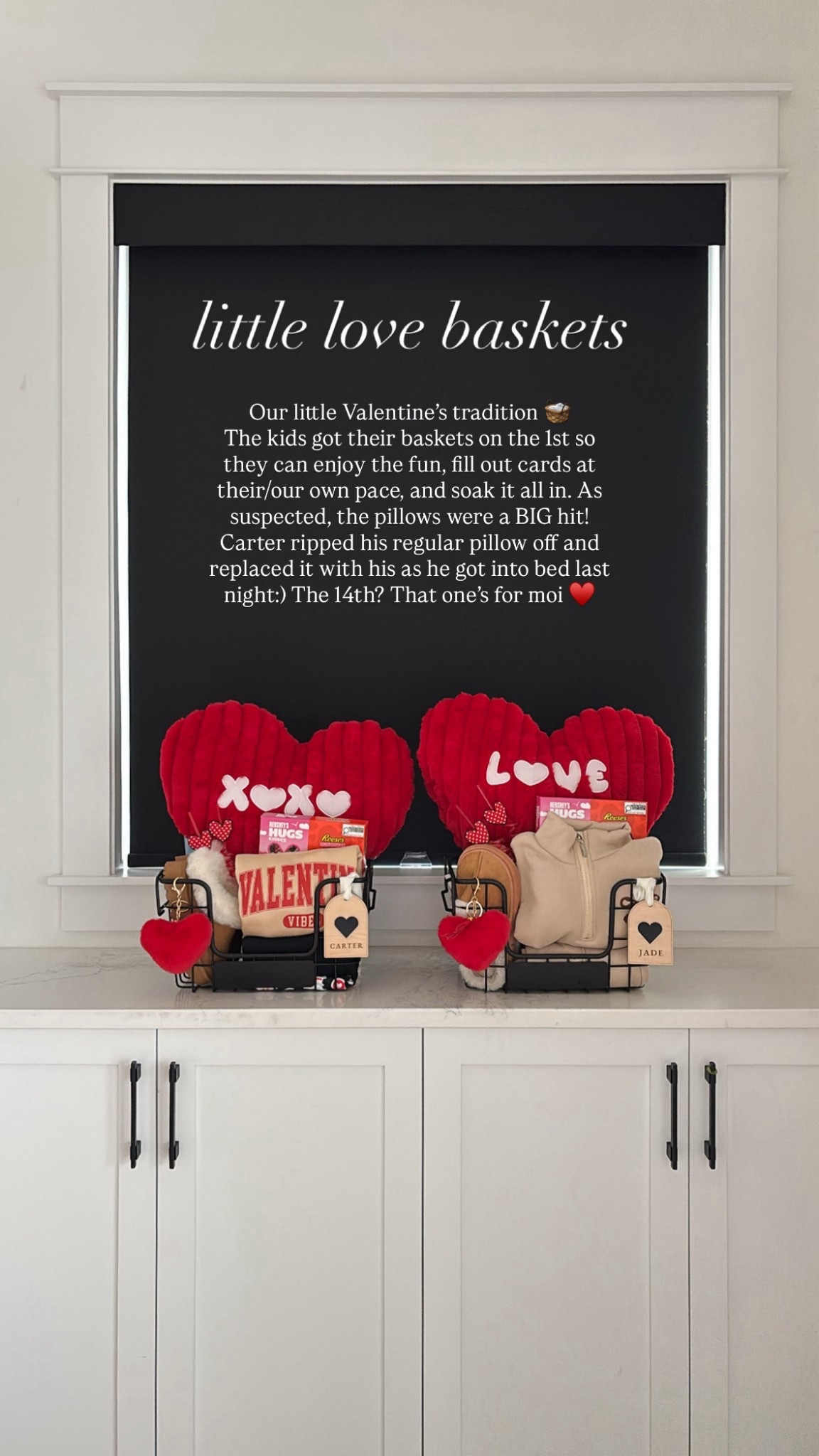 Our little Valentine’s tradition 🧺
The kids got their baskets on the 1st so they can enjoy the fun, fill out cards at their/our own pace, and soak it all in. As suspected, the pillows were a BIG hit! Carter ripped his regular pillow off and replaced it with his as he got into bed last night. The 14th? That one’s for moi ♥️

#LTKkids #LTKcanada #LTKfamily