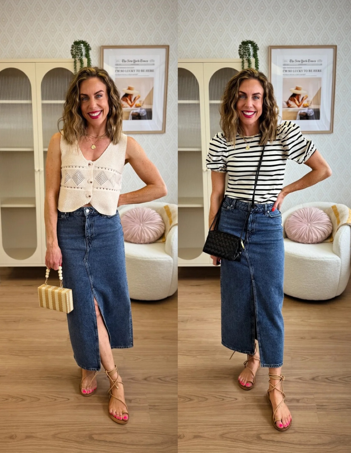 Crochet vest: small
Striped top: small
Jean skirt: size 2 (size up one)
Lace up sandals fit TTS

#LTKFindsUnder50 #LTKSaleAlert #LTKShoeCrush