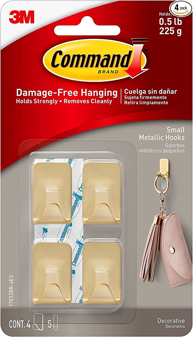 Command Small Metallic Hooks, Brass Color, 4-Hooks, 5-Strips, Decorate Damage-Free | Amazon (US)