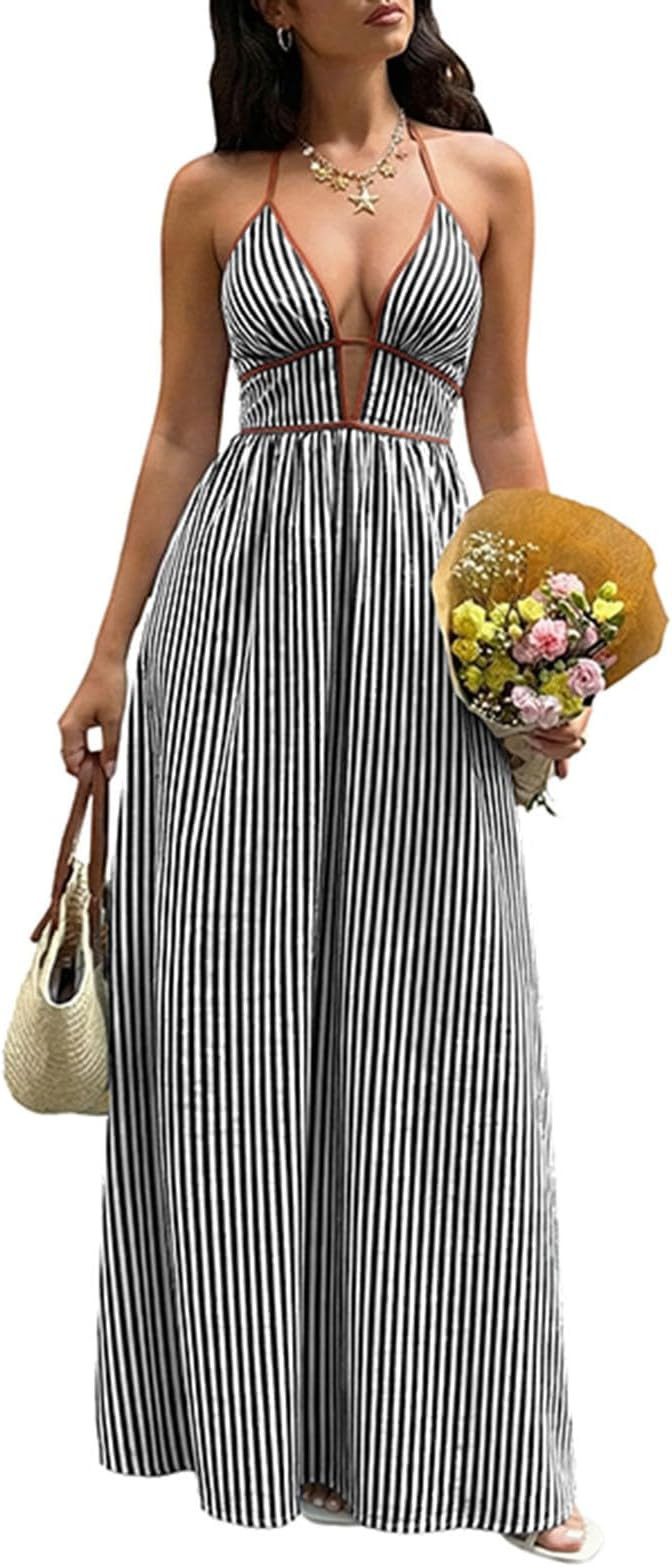Women Sleeveless Long Dress Halter Deep V Neck Dresses Backless Striped Print Dresses Summer Cock... | Amazon (US)