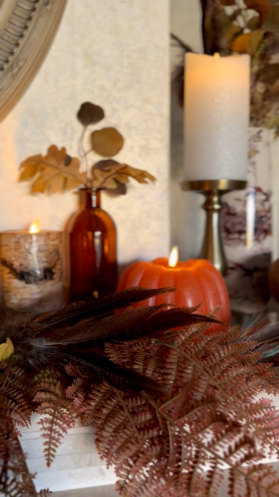 Fall home decor, fall living room mantel decor, pumpkin candle, traditional home decor