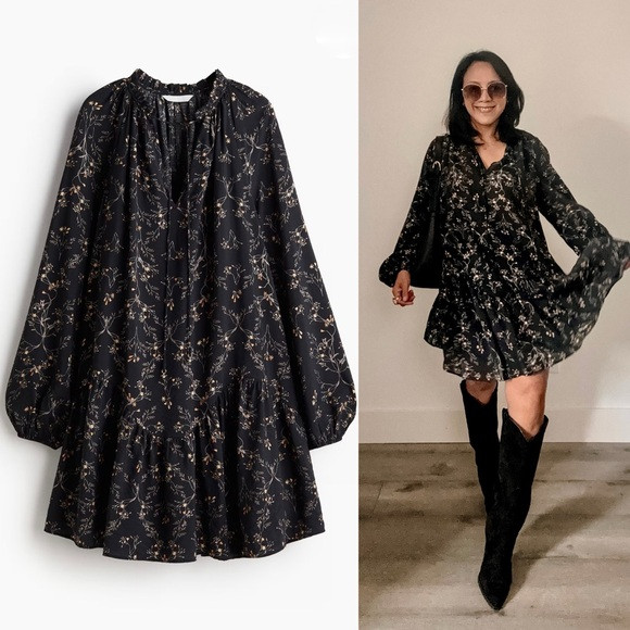 H&M Black Floral Long Sleeve Dress | Poshmark