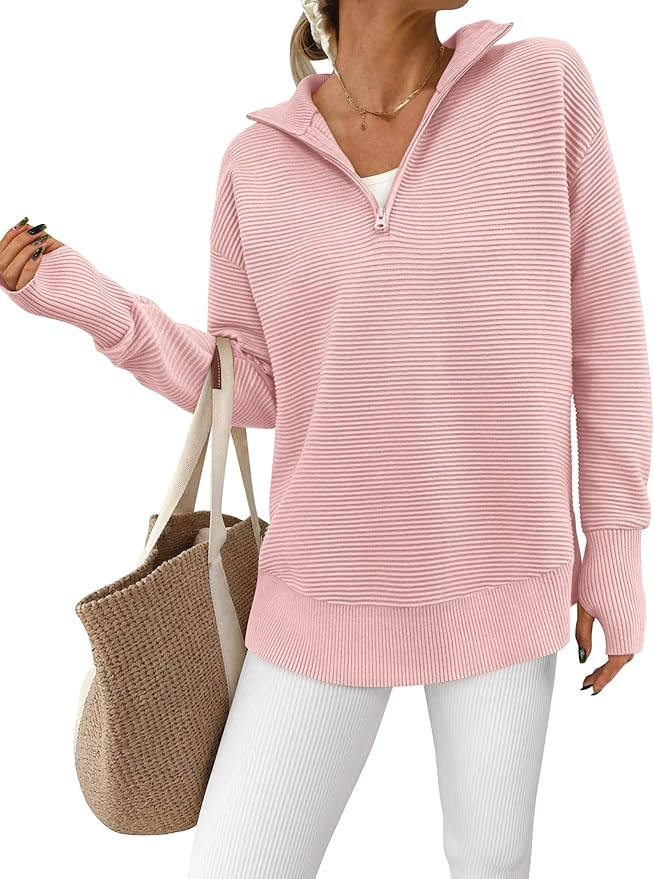 PRETTYGARDEN Womens Long Sleeve Quarter Zip Pullover Sweater Casual Loose V Neck Collared Ribbed ... | Amazon (US)