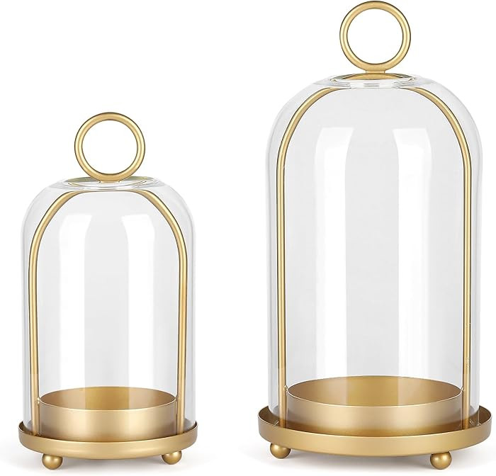 Versatile Metal Candle Holder Set with Handmade Glass Dome,Antique Brass Pillar Candle Stand, 5.2... | Amazon (US)
