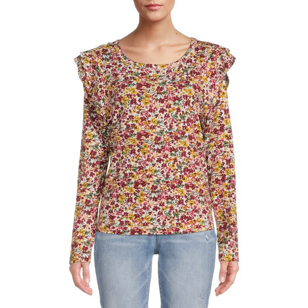 Time and Tru Women's Long Sleeve Ruffle Top - Walmart.com | Walmart (US)
