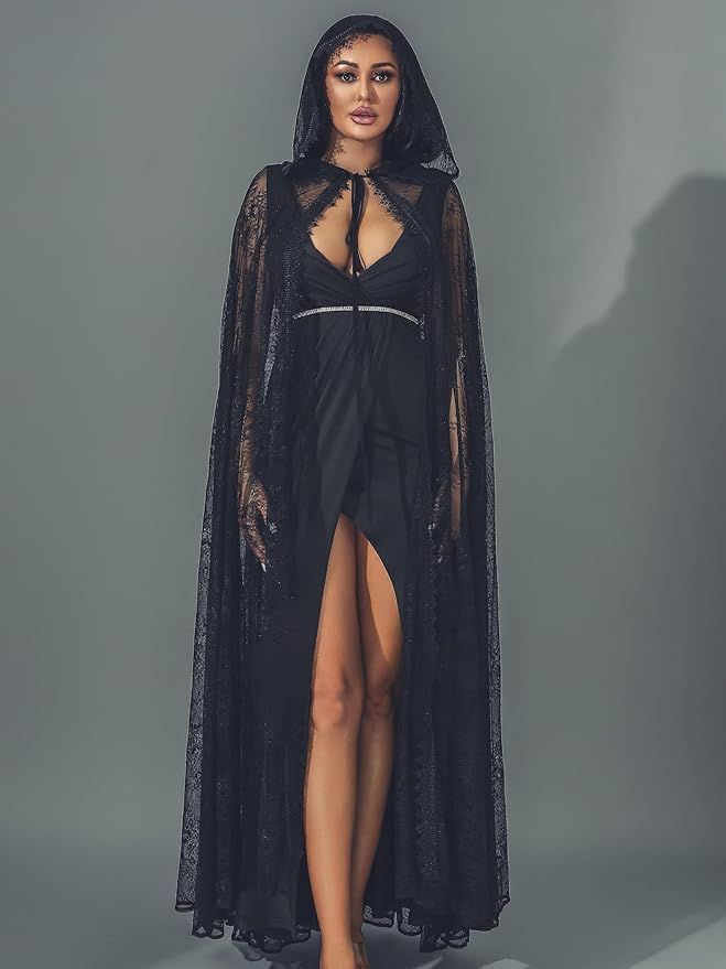 Atigy Lace Full Length Hooded Cloak Black Cape Adult Long Halloween Costume Cloak Cosplay Party C... | Amazon (UK)